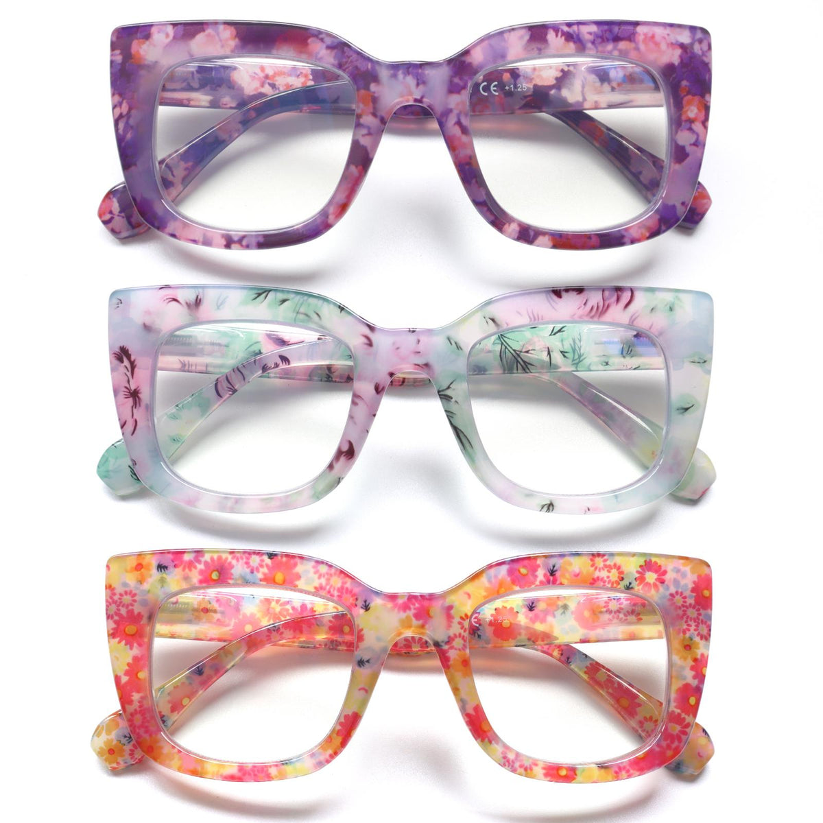 3 pack Women's Reading Glasses with Blue Light Blocking Cat-Eye Floral Frame Design Spring Hinges Computer Reading Glasses