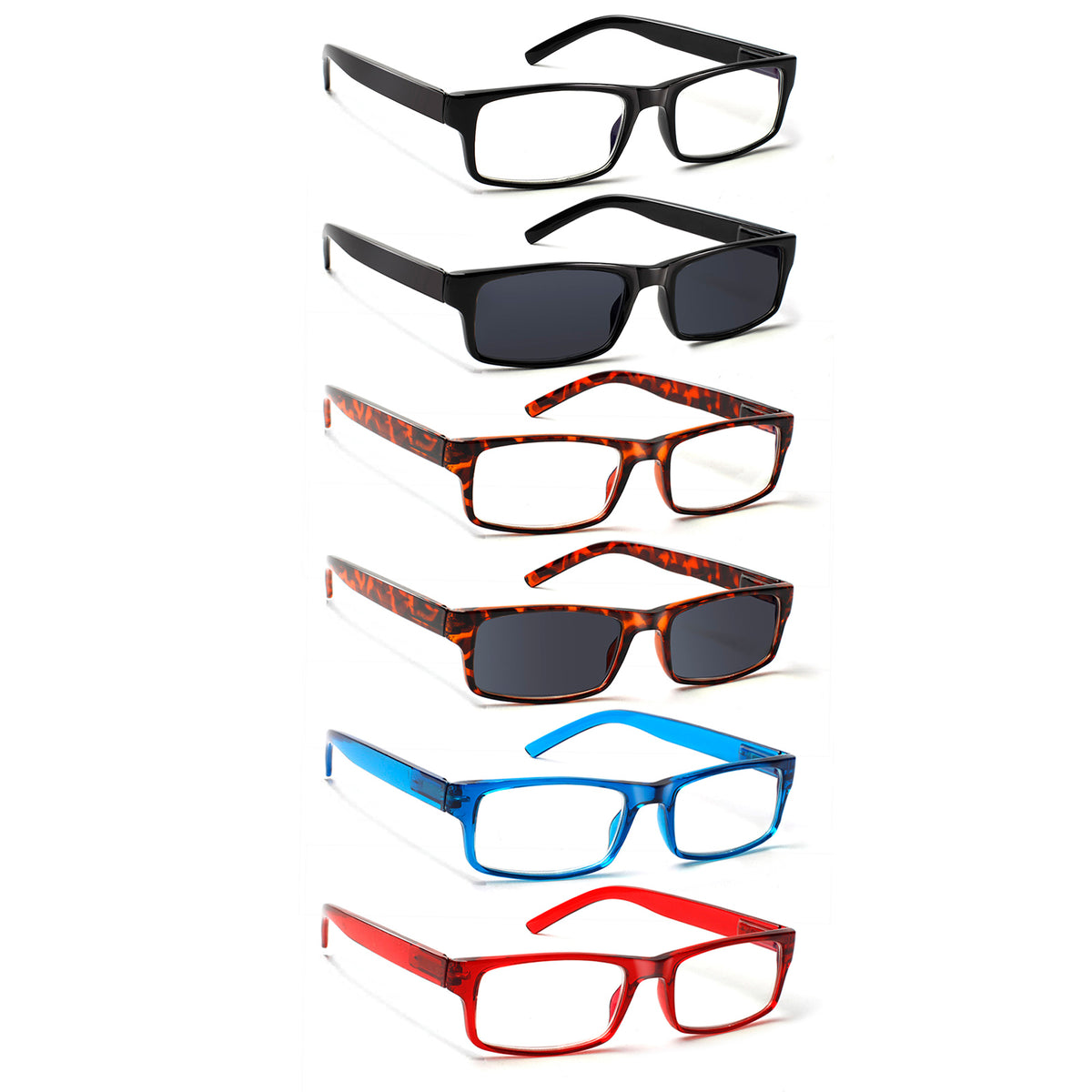 6 Pack Retangle Reading Glasses Include Sunglasses Men and Women 026