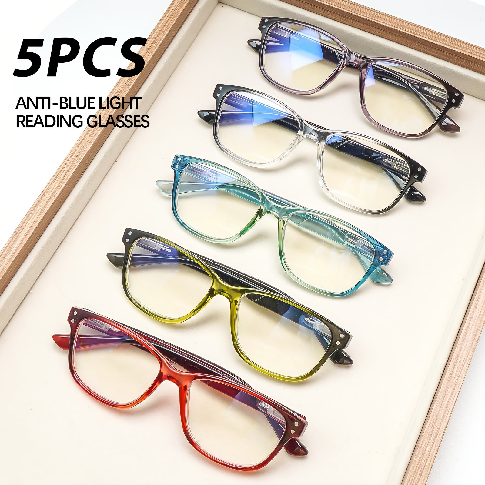 KERECSEN 5 Pack Women’s Translucent Rectangle Reading Glasses, HD Blue Light Blocking Lenses, Ultra-Light Plastic Frame with Flexible Spring Hinges, Bright Gradient Color Fashion Readers