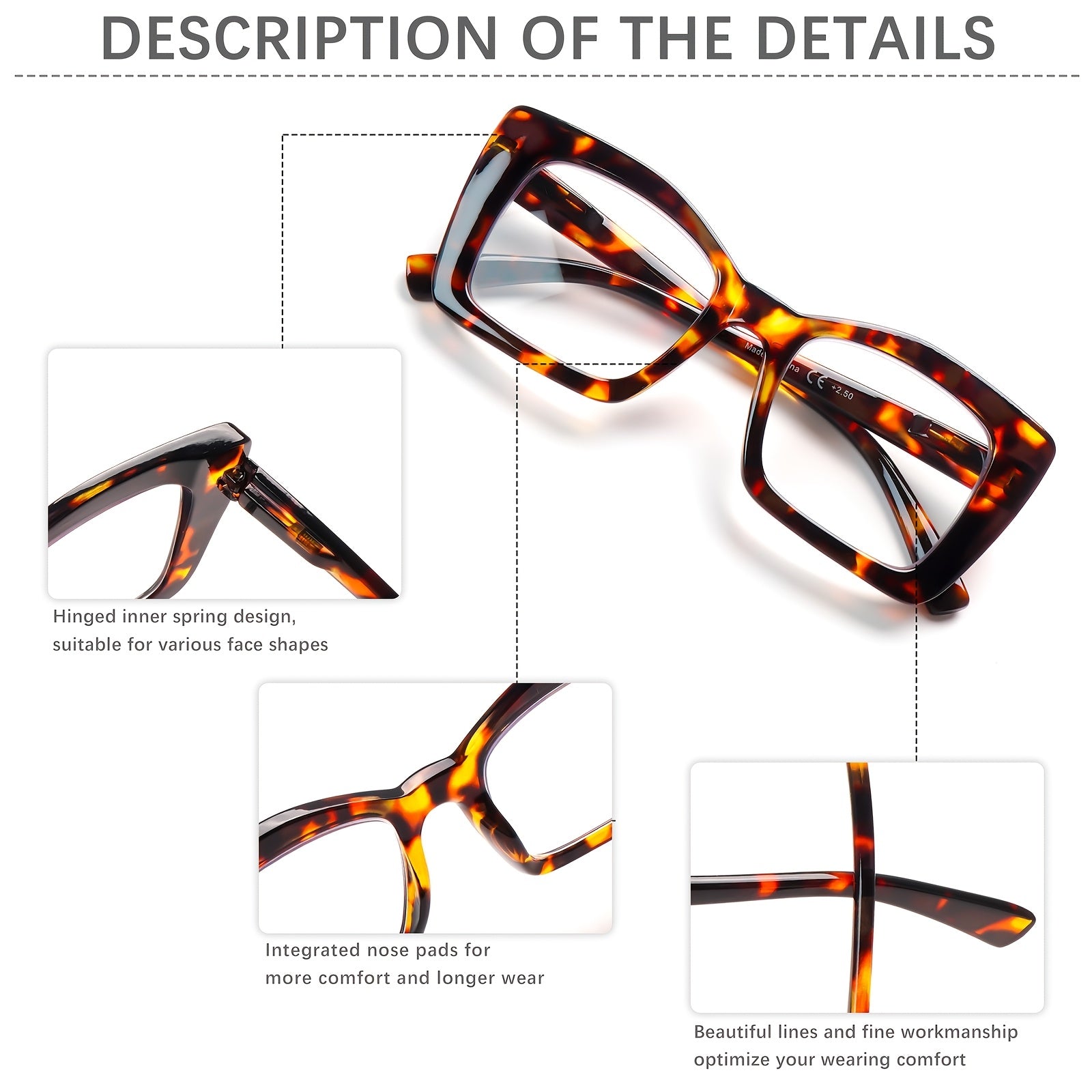 KERECSEN 4-Pack Fashionable Women Large-Frame Rectangular Blue Light Blocking Glasses with Metal Spring Frames, Tortoiseshell Color Block Design, Stylish for Men And Women, Computer And Reading Glasses, Christmas Gifts