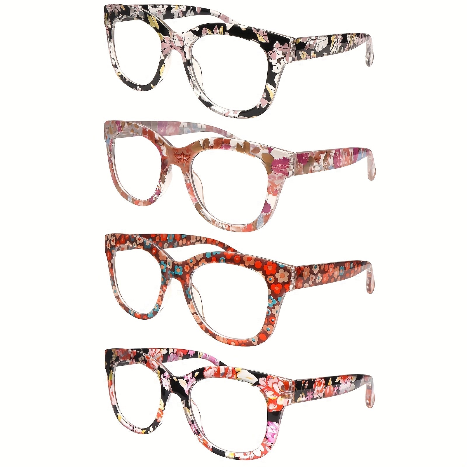 KERECSEN 4-Pack Reading Glasses For Women Anti Blue Light Computer Reader With Spring Hinges Oversized Frame With Stylish Floral Print Reading Glasses For Work And Study