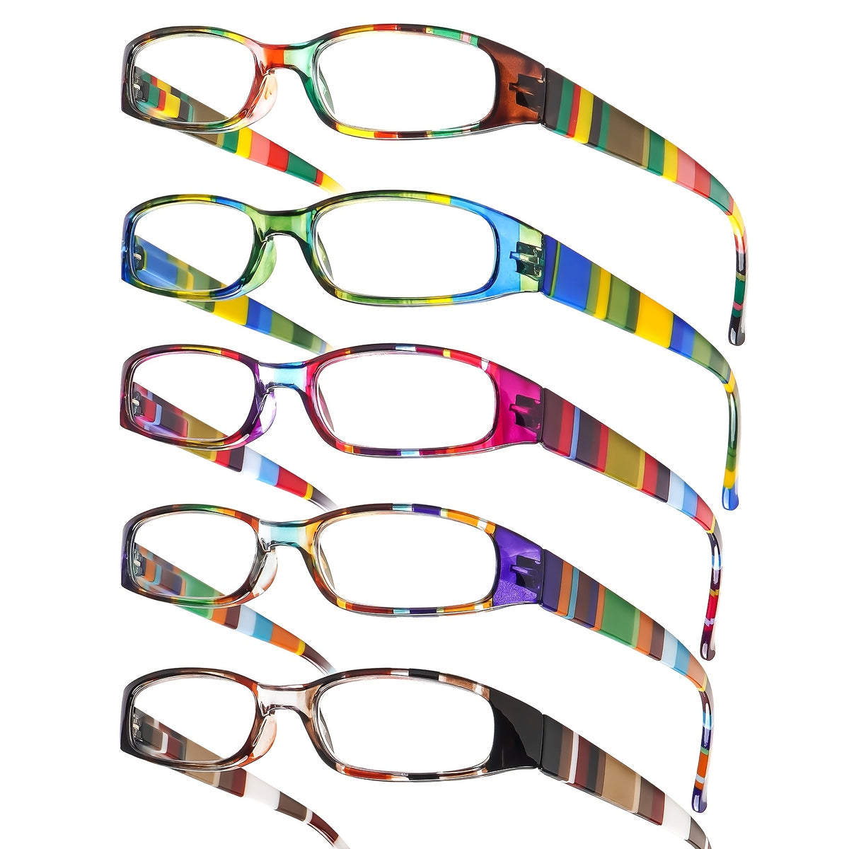 KERECSEN 5-Pack Stylish Color Fashion Glasses Blue Light-Blocking Metal Spring Hinges Rectangular Frames with Color Prints, Reading Glasses Comfortable Wide Temple Trendy Pack Glasses