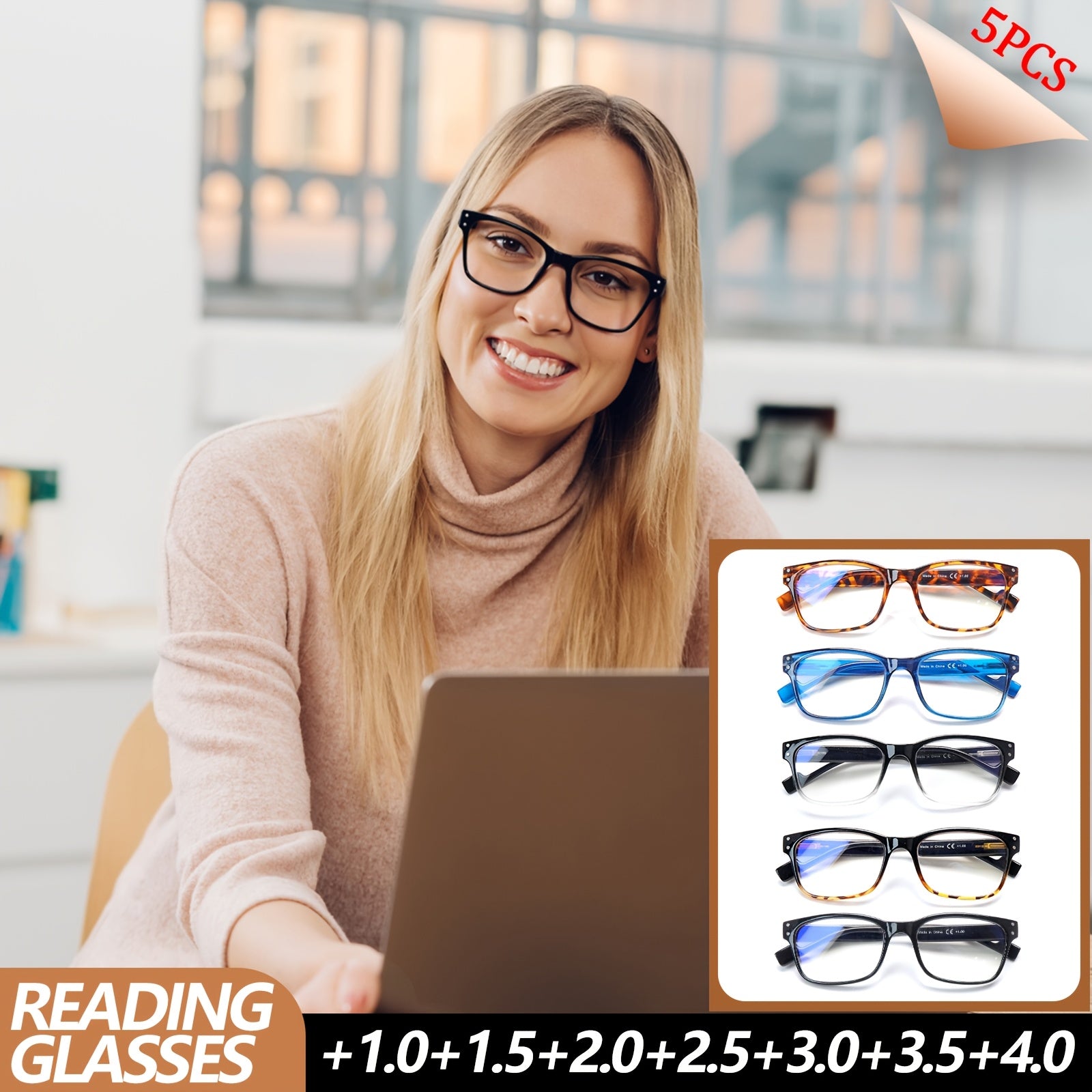 KERECSEN 5-Pack Stylish Men And Women Blue-Light Blocking Computer Glasses Anti-Blue Light Lenses Classic Rectangle Frame Reading Glasses Lightweight And Comfortable Eyeglasses for Reading