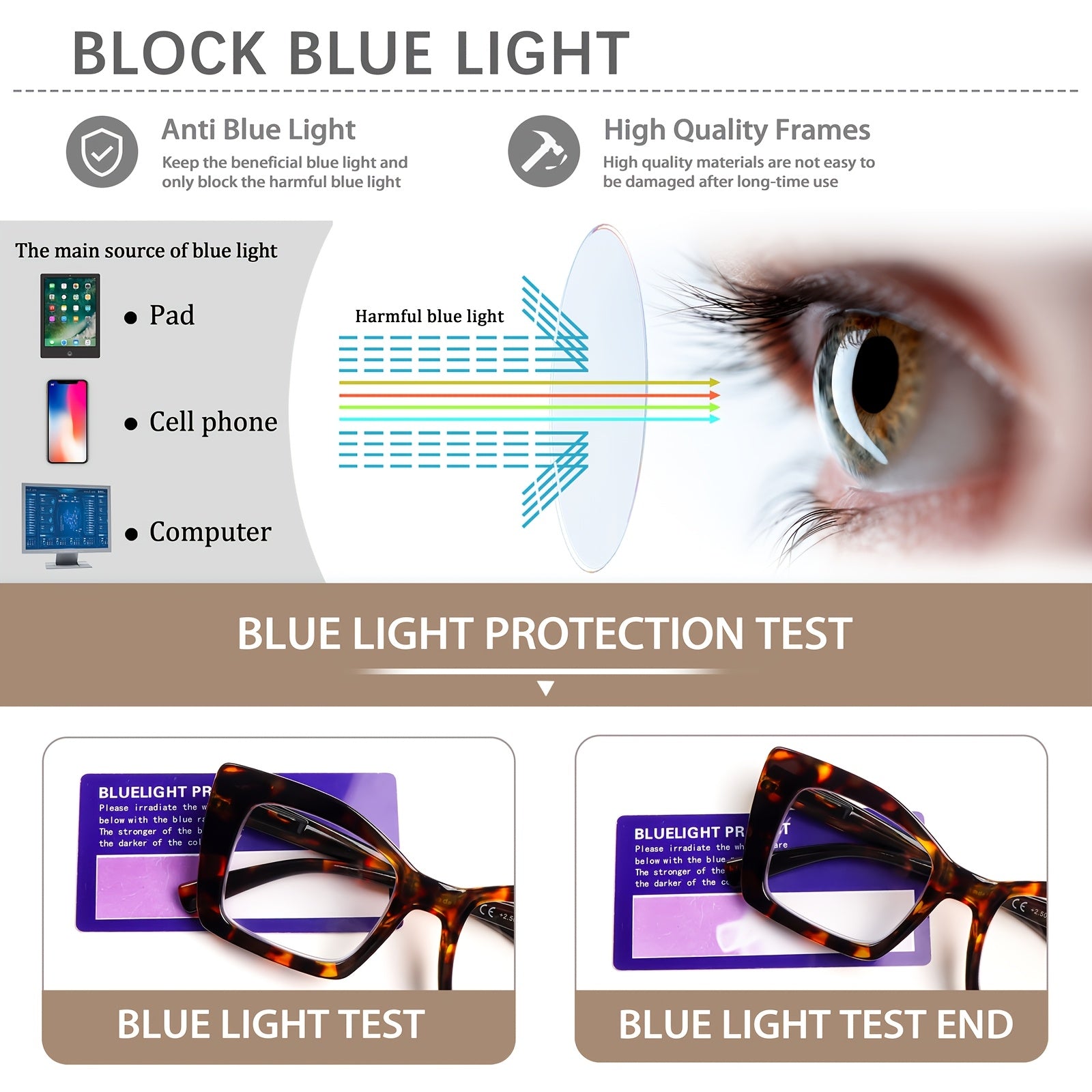 KERECSEN 4-Pack Fashionable Women Large-Frame Rectangular Blue Light Blocking Glasses with Metal Spring Frames, Tortoiseshell Color Block Design, Stylish for Men And Women, Computer And Reading Glasses, Christmas Gifts