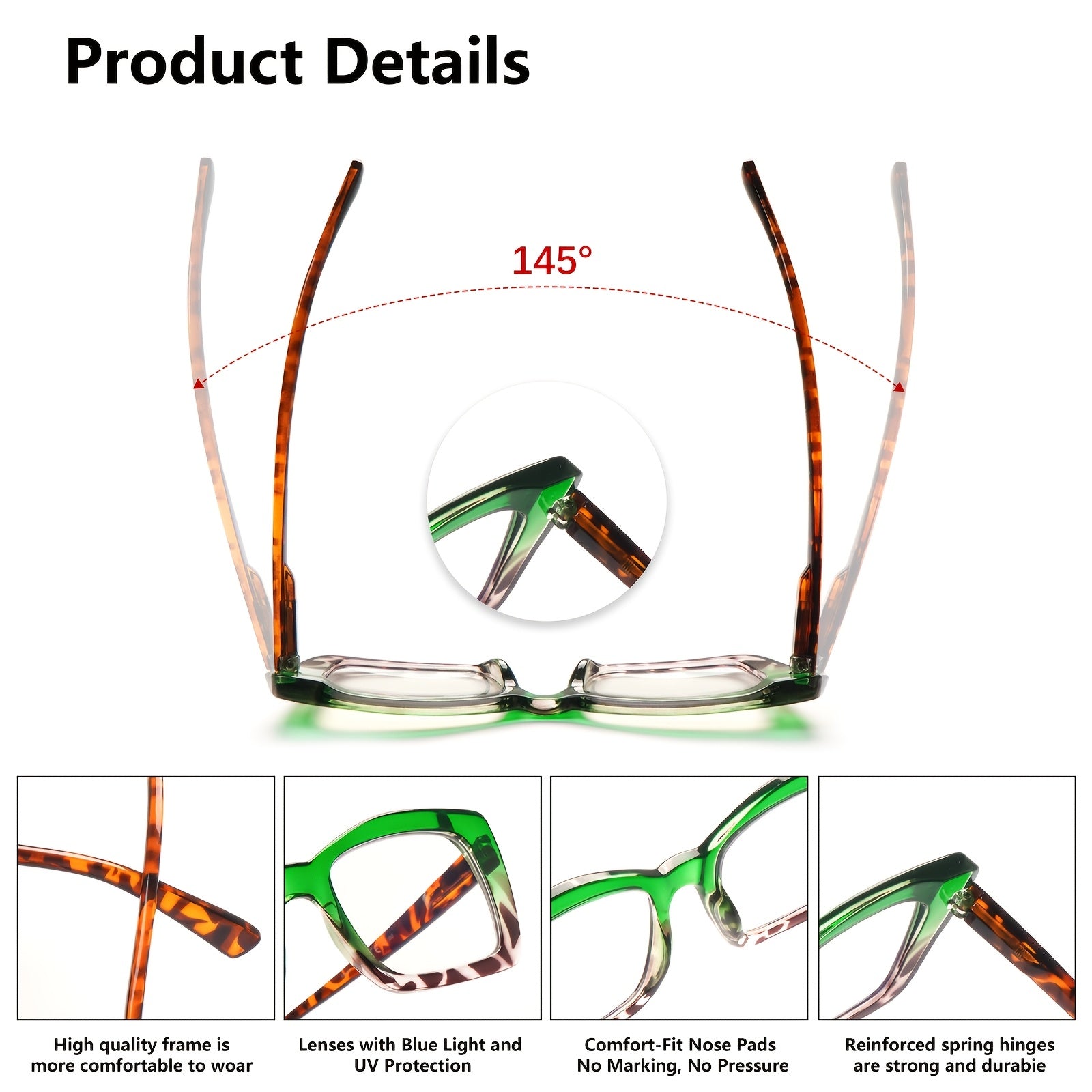 KERECSEN  Anti-Blue Light Reading Glasses For Women Spring Hinges Oversized Frame Glasses Fashion Cat Eye Reading Glasses Plastic Frames Ladies Decorative Glasses Work And Reading