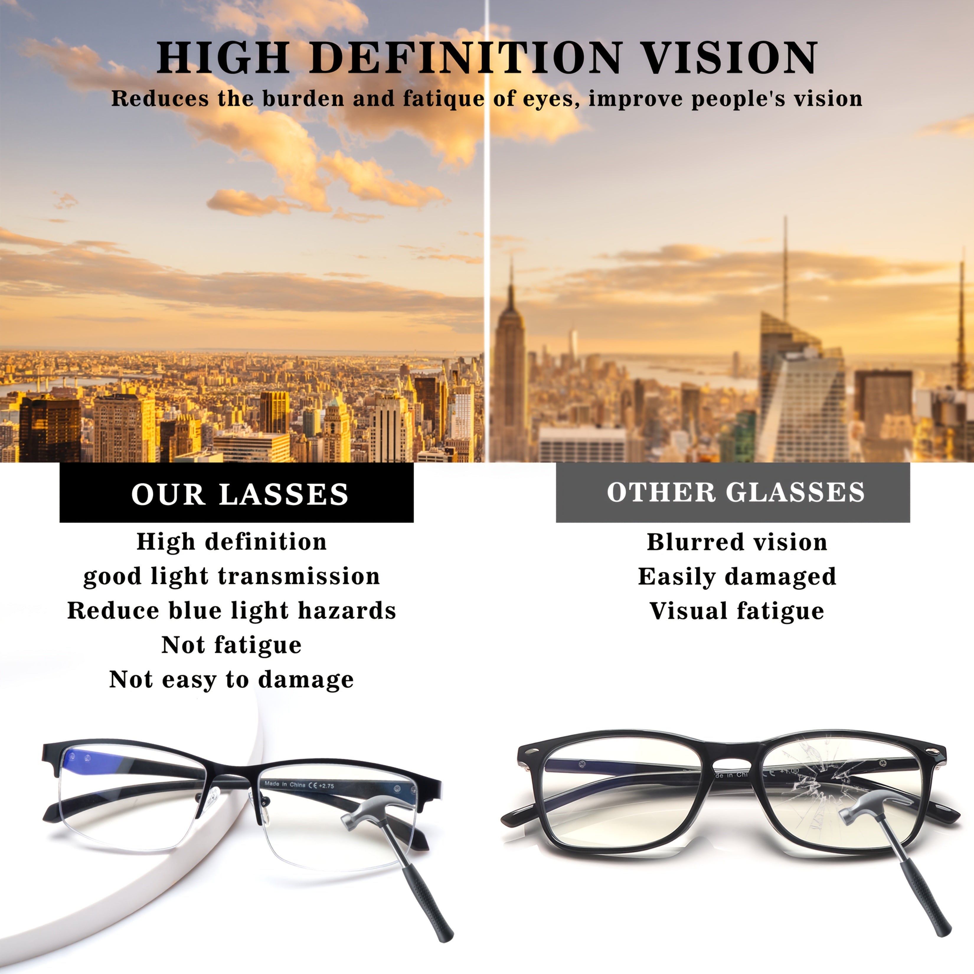 KERECSEN Blue Light Blocking Mutifocal Progressive Reading Glasses with Metal Frame For Men - Computer Eyewear Suitable for Digital Screens, Half-Rame Square/Eye Glasses ( & Frame)