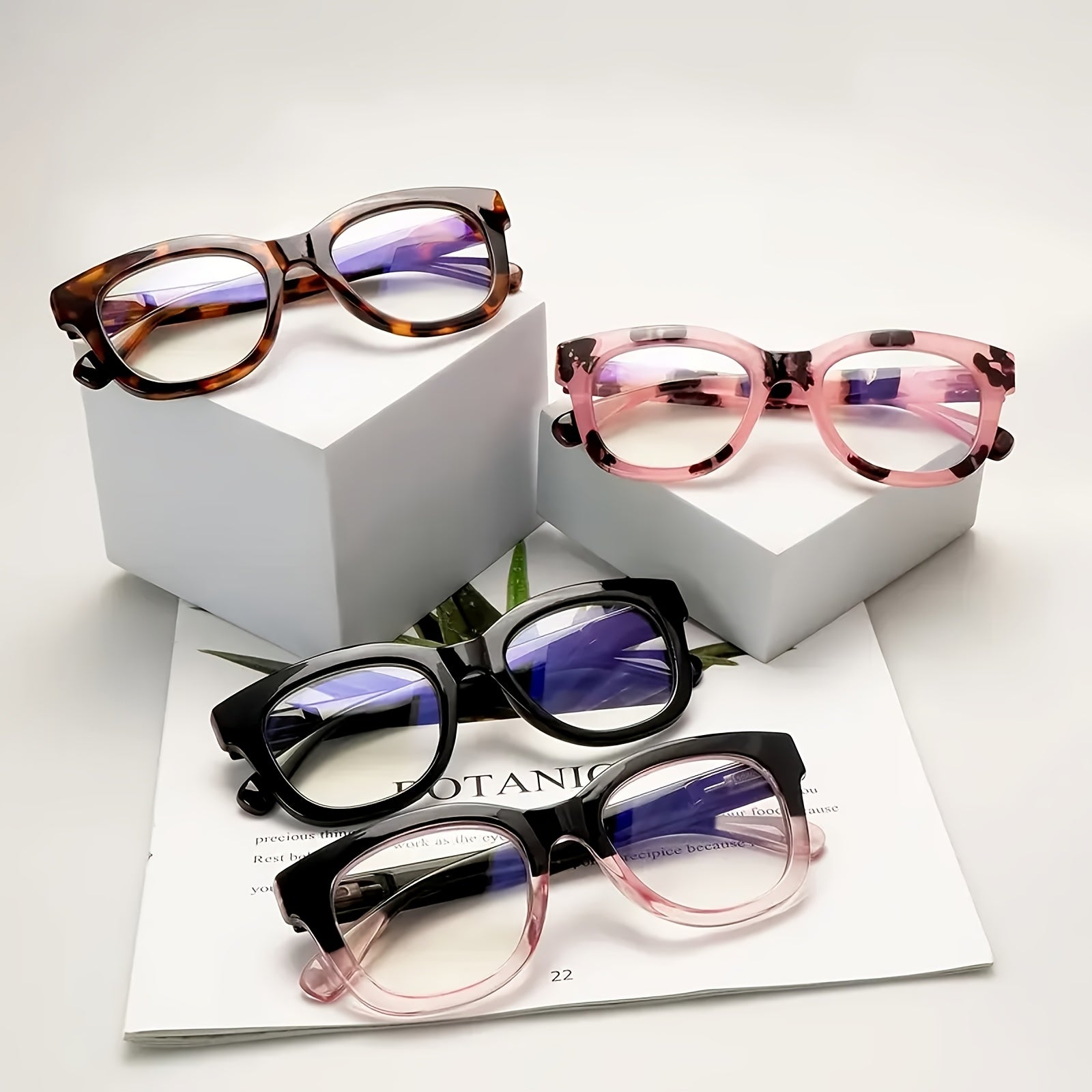 KERECSEN 4 Pack Women’s Curved Rounded Square Cat Eye Reading Glasses, HD Blue Light Blocking Lenses, Ultra-Light Plastic Frame with Flexible Spring Hinges, Chunky Retro Fashion Readers