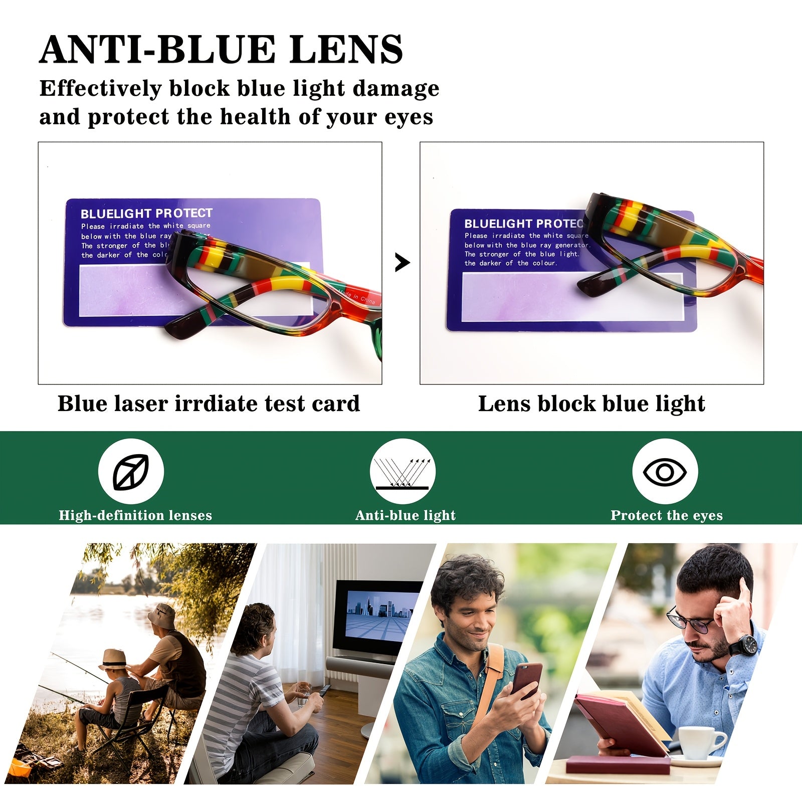 KERECSEN 5-Pack Stylish Color Fashion Glasses Blue Light-Blocking Metal Spring Hinges Rectangular Frames with Color Prints, Reading Glasses Comfortable Wide Temple Trendy Pack Glasses
