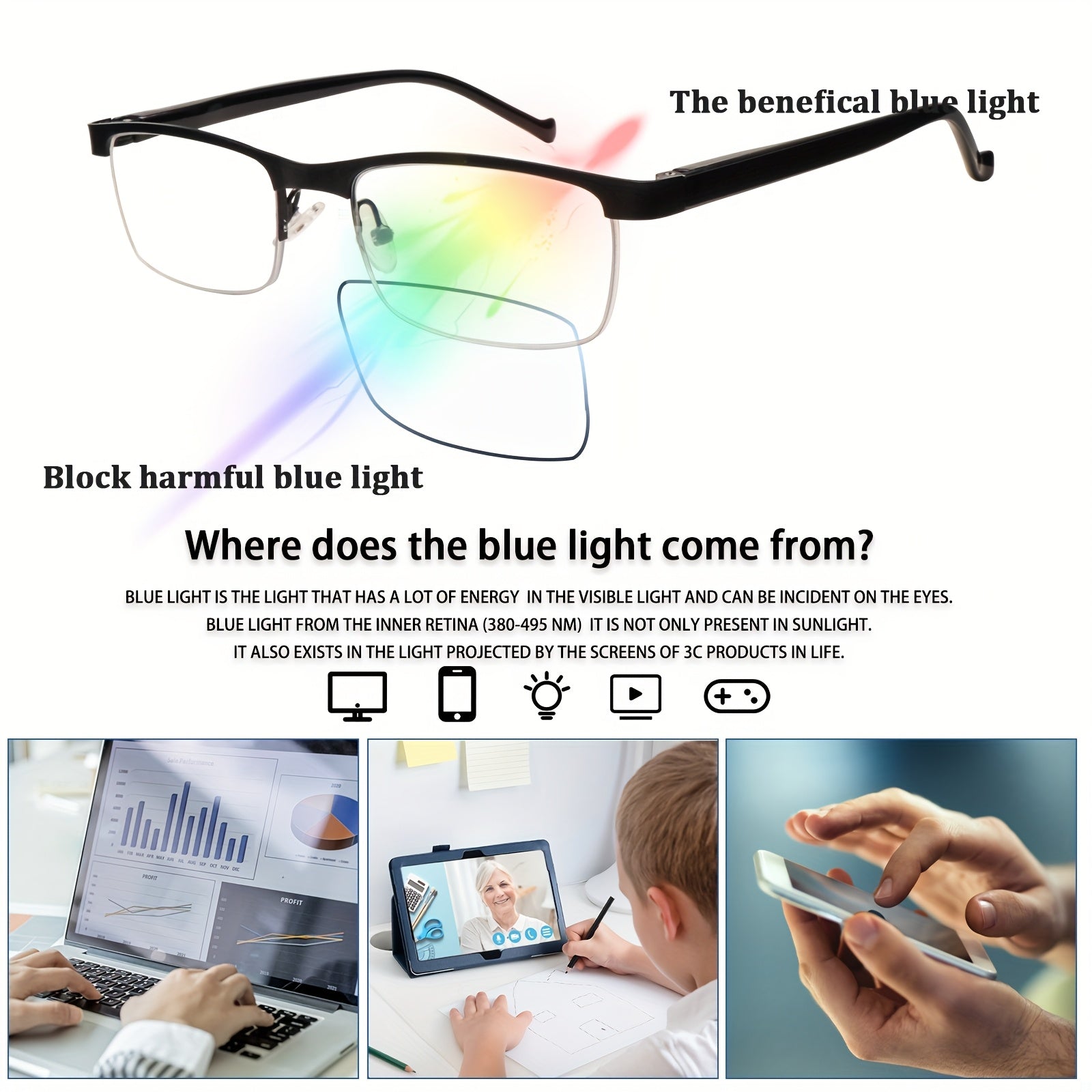 KERECSEN 5 Pack Anti Blue Light Reading Glasses Metal Half Frame, Adjustable Spring Hinges, Blue Light Blocking Glasses For Men Computer Reading Glasses, Small Square Frame Glasses For Men And Women. Perfect For Office Wear. Elegant Reading Glasses.