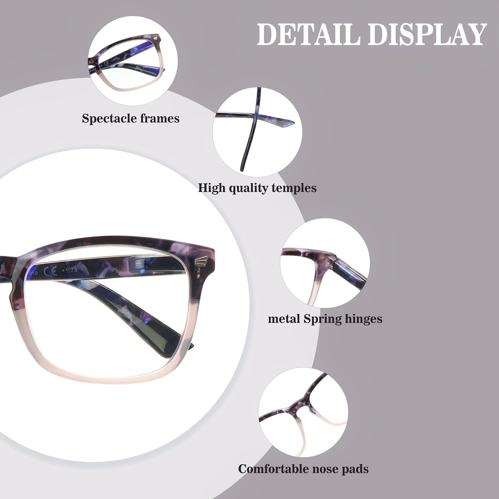 KERECSEN 5 Pack Women’s Gradient Square Reading Glasses, HD Blue Light Blocking Lenses, Ultra-Light Plastic Frame with Flexible Spring Hinges, Marbled Two-Tone Fashion Readers