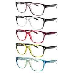 KERECSEN 5 Pack Women’s Translucent Rectangle Reading Glasses, HD Blue Light Blocking Lenses, Ultra-Light Plastic Frame with Flexible Spring Hinges, Bright Gradient Color Fashion Readers