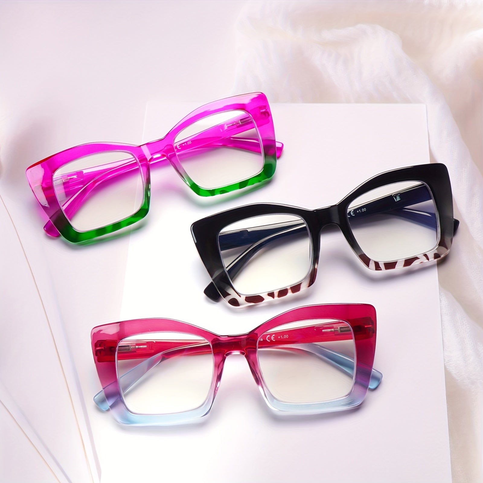 KERECSEN  Anti-Blue Light Reading Glasses For Women Spring Hinges Oversized Frame Glasses Fashion Cat Eye Reading Glasses Plastic Frames Ladies Decorative Glasses Work And Reading