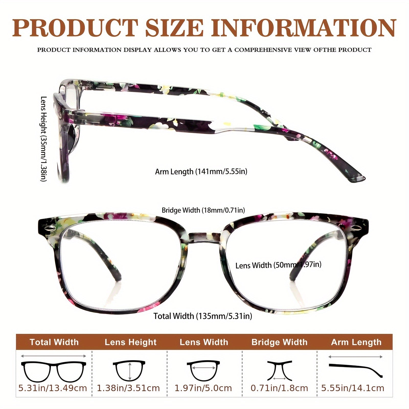 KERECSEN 5 Pack Women’s Floral Print Rectangle Reading Glasses, HD Blue Light Blocking Lenses, Ultra-Light Plastic Frame with Flexible Spring Hinges, Vintage Floral Pattern Fashion Readers