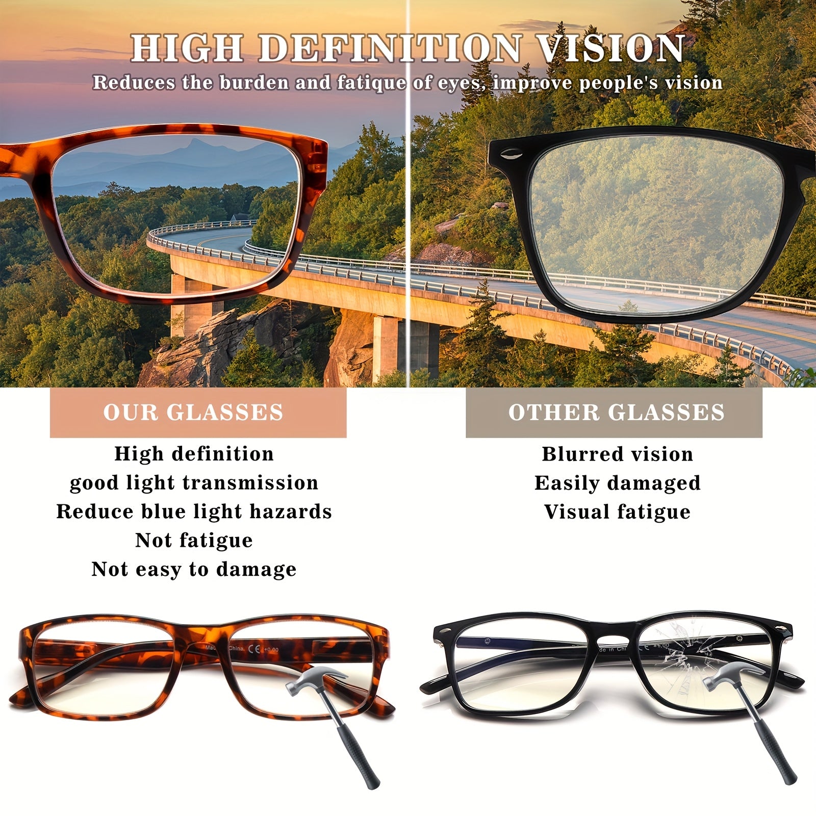 KERECSEN 6 pack classic glasses, spring frame, blue light-blocking lenses, comfortable for both men and women, basic color combinations, rectangular transparent frames, suitable for home use, holiday gifts, Christmas red