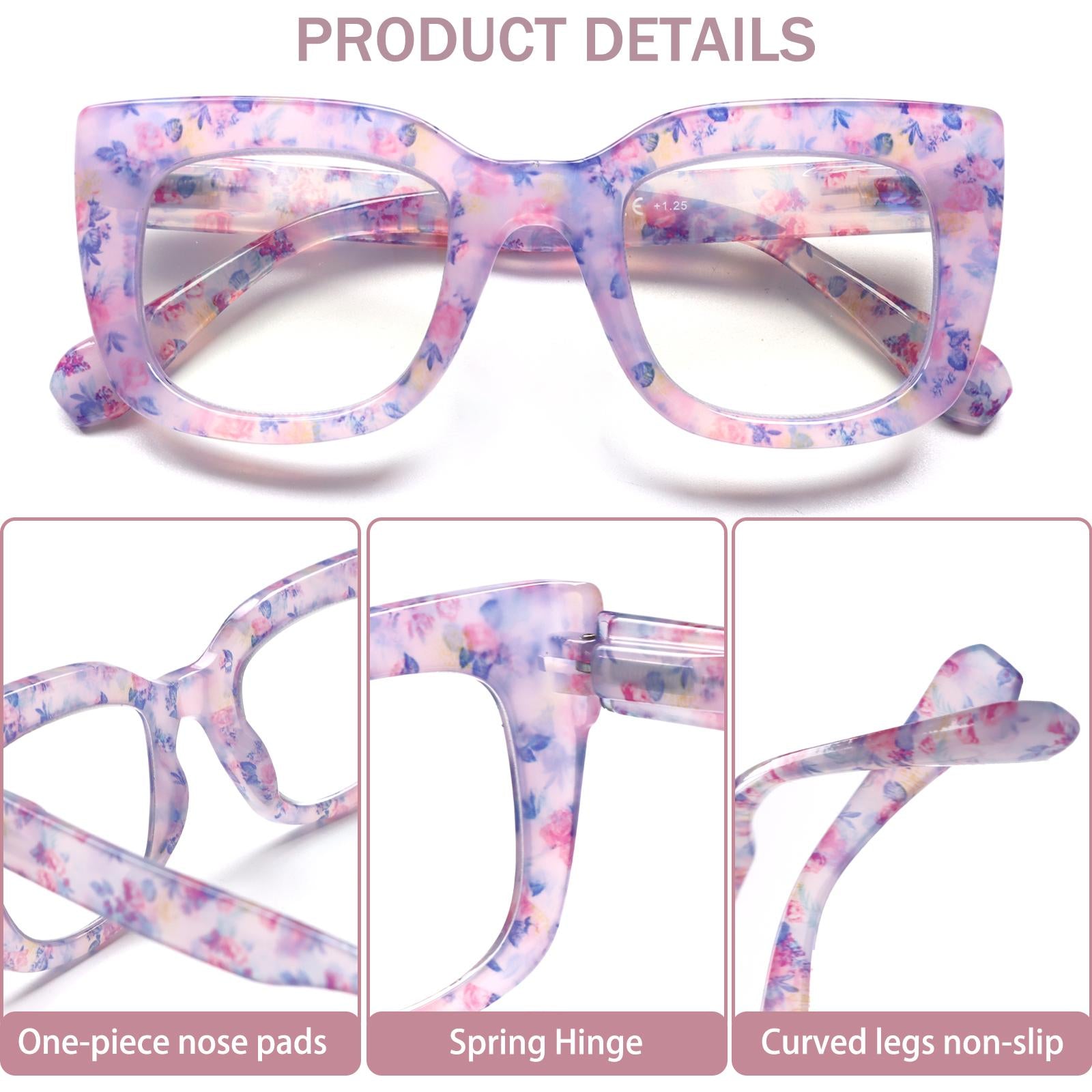 3 pack Women's Reading Glasses with Blue Light Blocking Cat-Eye Floral Frame Design Spring Hinges Computer Reading Glasses