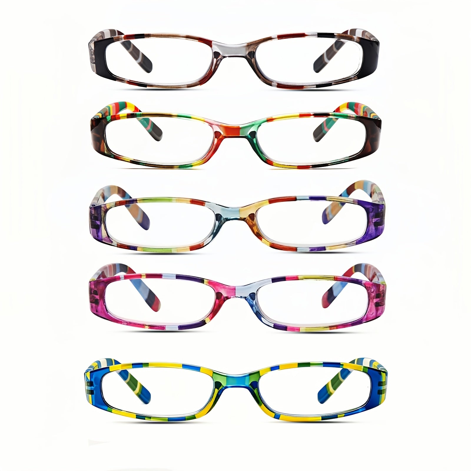 KERECSEN 5-Pack Stylish Color Fashion Glasses Blue Light-Blocking Metal Spring Hinges Rectangular Frames with Color Prints, Reading Glasses Comfortable Wide Temple Trendy Pack Glasses