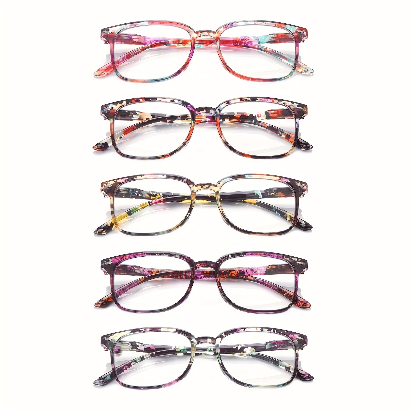 KERECSEN 5 Pack Women’s Floral Print Rectangle Reading Glasses, HD Blue Light Blocking Lenses, Ultra-Light Plastic Frame with Flexible Spring Hinges, Vintage Floral Pattern Fashion Readers