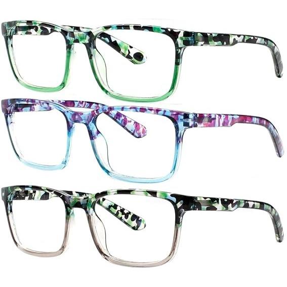 3 Pack Reading Glasses Men and Women Classic Color Matching Anti-Blue Light with Spring Hinge Vintage Eyeglasses