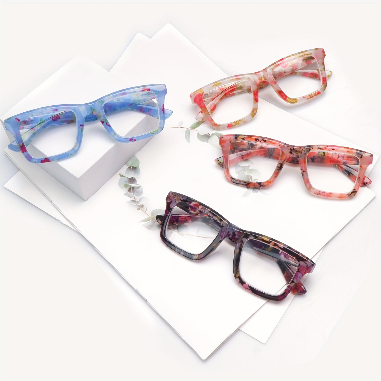 KERECSEN 4-Pack Reading Glasses For Women Blue Light Blocking Computer Reader With Spring Hinges Stylish Eyeglasses Frames With Floral Print Suitable For Daily Wear For Reading And Looking At The Computer Local Warehouse