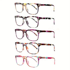 KERECSEN 5 Pack Women’s Floral Print Rectangle Reading Glasses, HD Blue Light Blocking Lenses, Ultra-Light Plastic Frame with Flexible Spring Hinges, Vintage Floral Pattern Fashion Readers