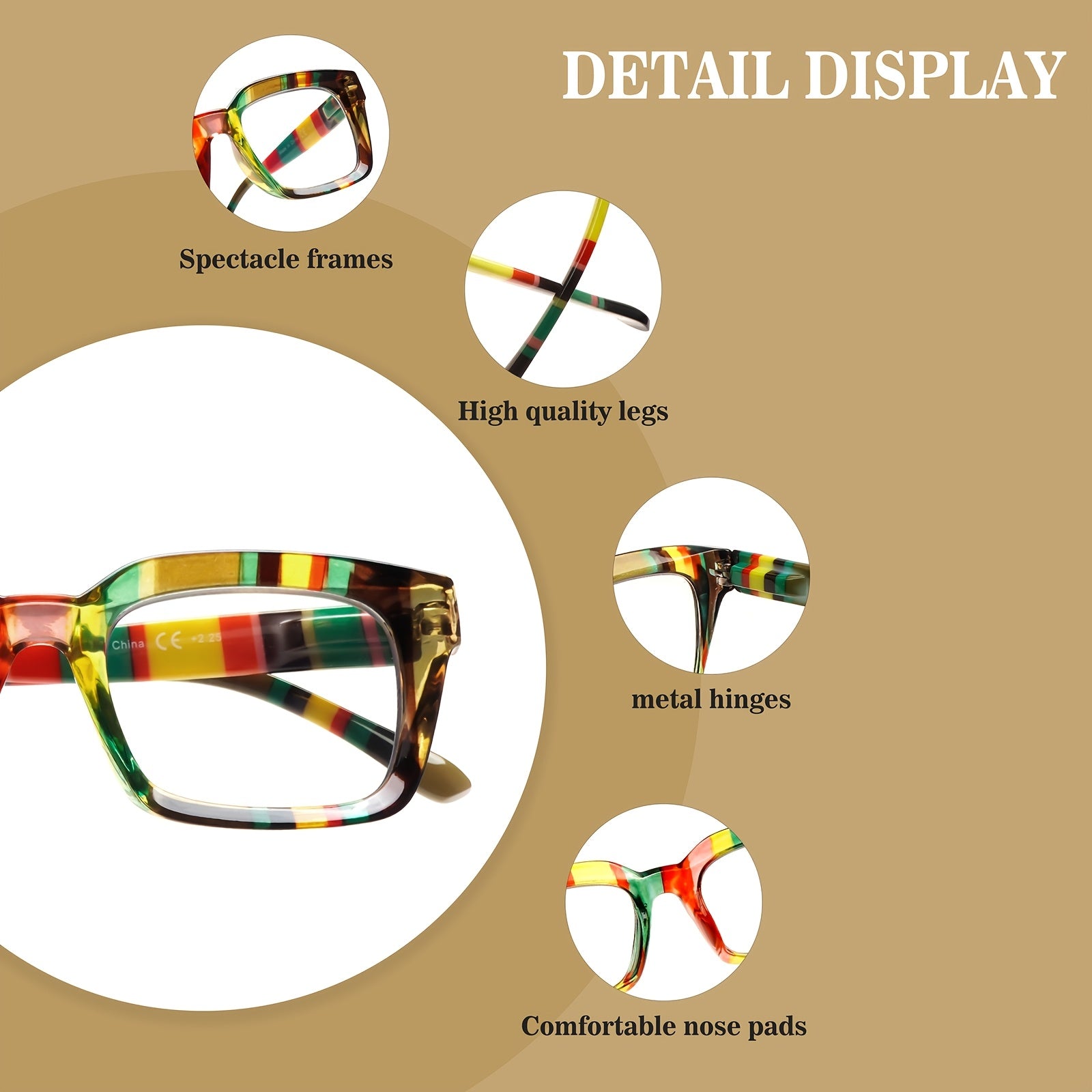 KERECSEN Fashion Eyewear 4 Set with Blue Light-Blocking Lenses | Women's Square-Frame Glasses | with Metal Springs to Eye Strain | Rainbow-Patterned Reading Glasses | Elegant Eyewear | The Perfect Choice for Daily Outings And The Office