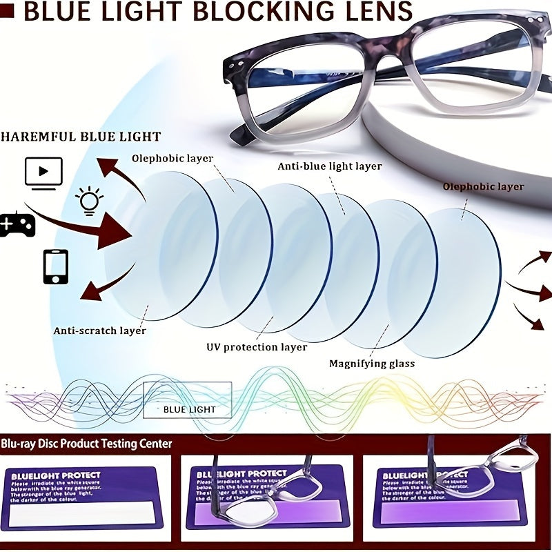 KERECSEN 5 Pack Reading Glasses  Light Blocking Fashion Ladies Readers Comfortable Flexible Spring Hinges Square Computer Eyeglasses for Women