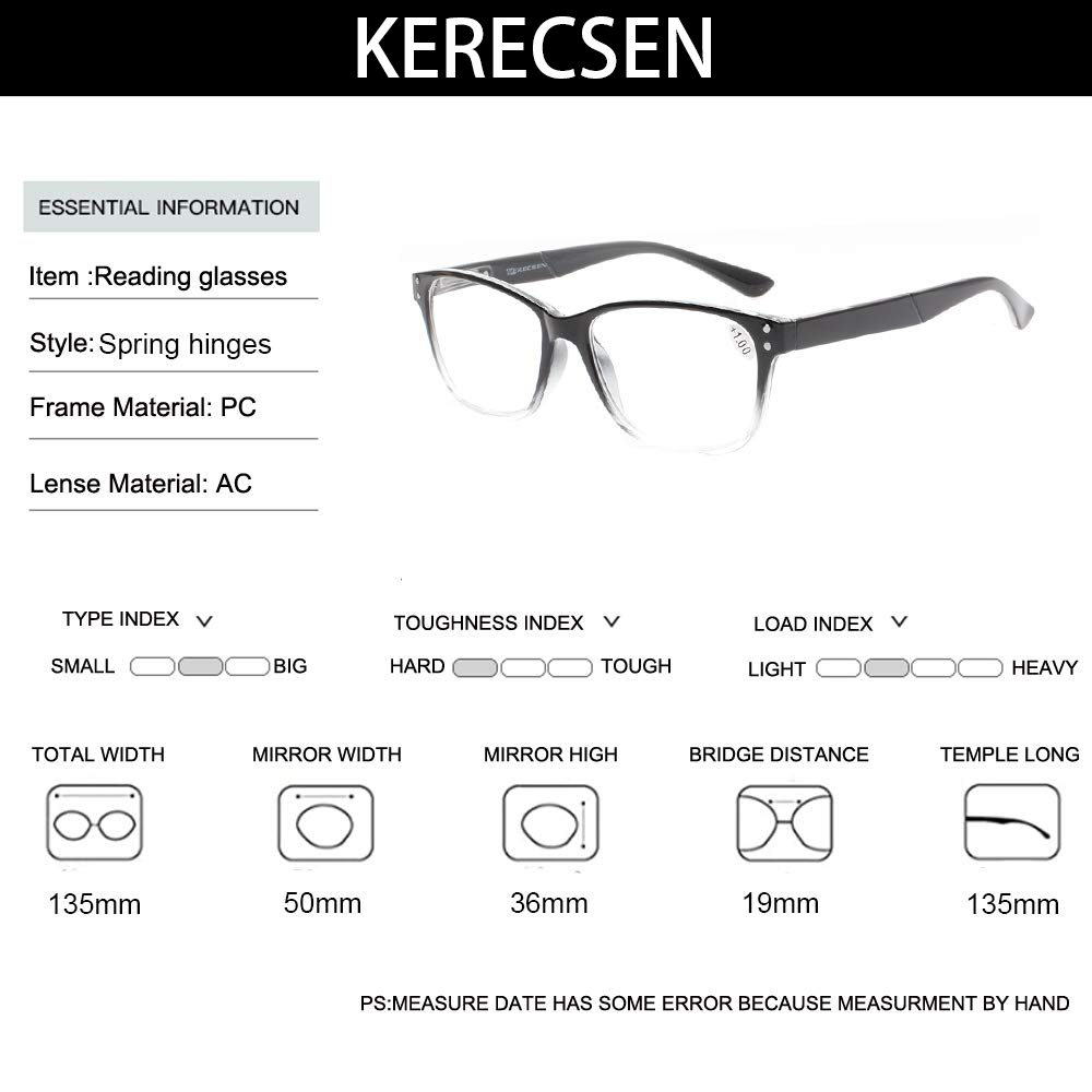 KERECSEN 5 Pack Reading Glasses Men Women Spring Hinges HD Lenses Comfortable Reading Glasses 165 5C