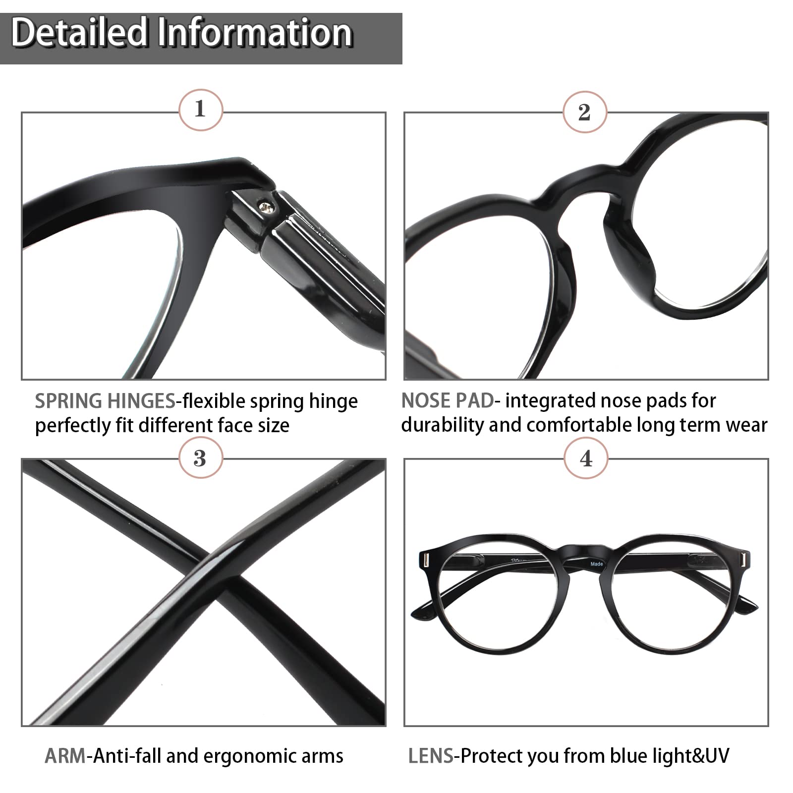 KERECSEN 5 Pack Reading Glasses Classic Round Frame Spring Hinge Reading Glasses for Men and Women 170