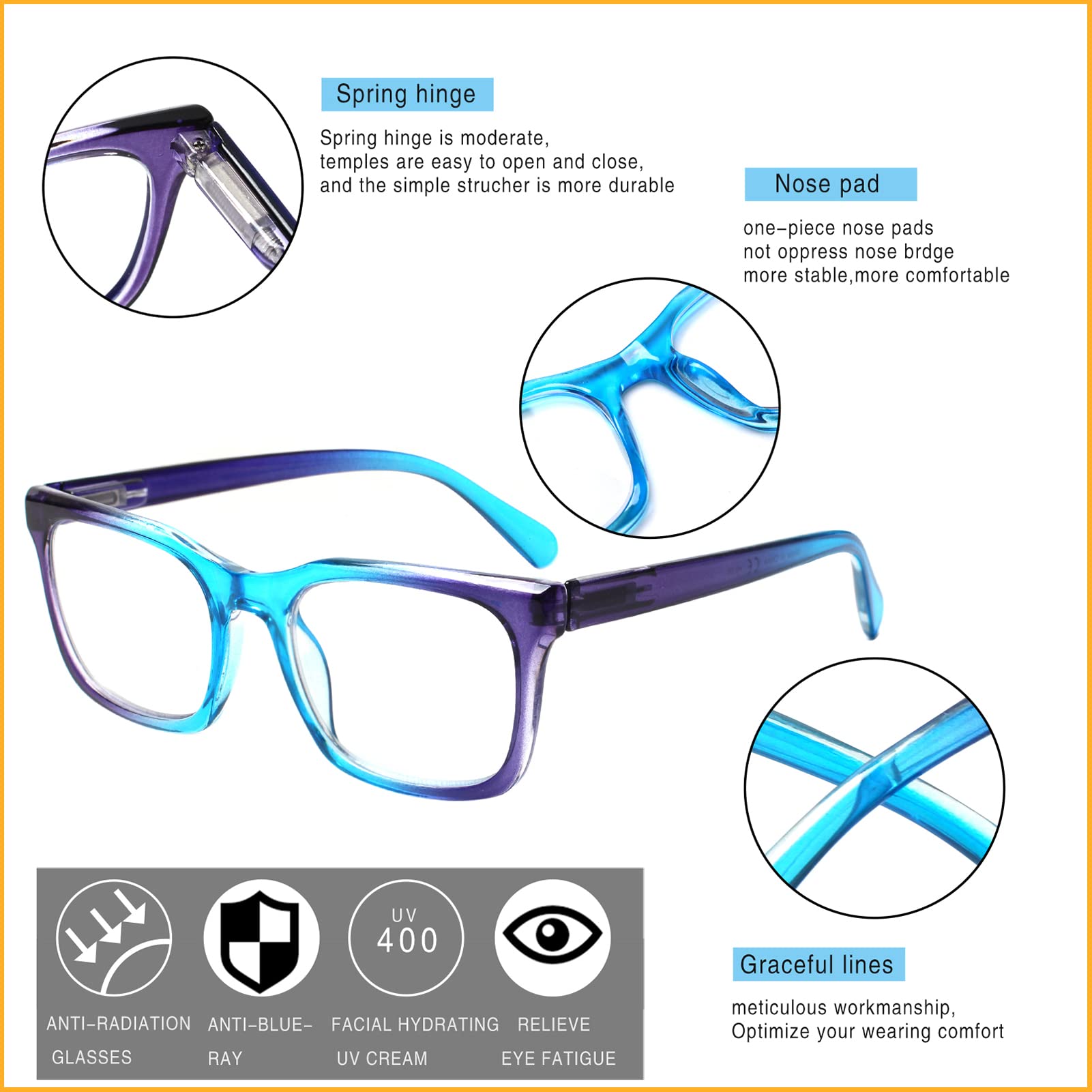 KERECSEN 5 Pack Square Anti Blue Light Reading Glasses Fashion Ultra Light Frame Computer Glasses 041